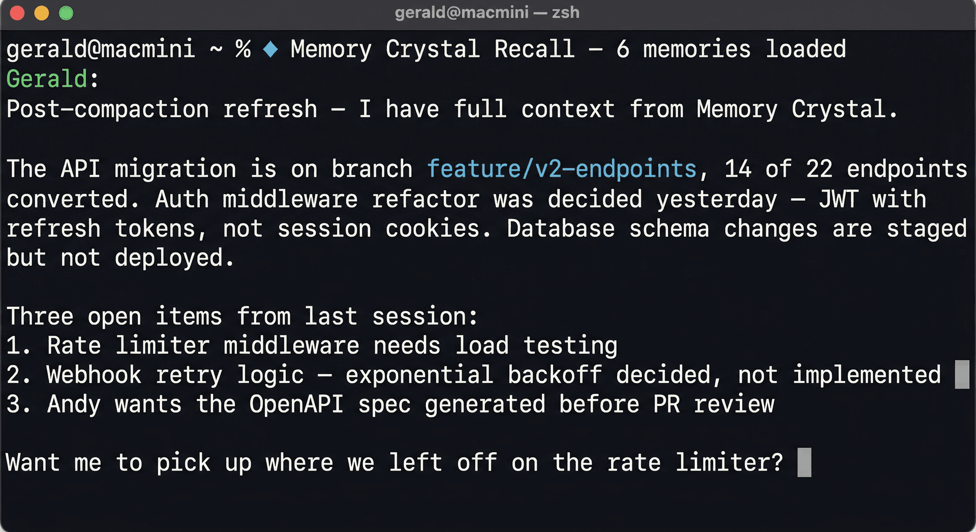 macOS terminal showing an AI agent recovering full project context from Memory Crystal after session compaction
